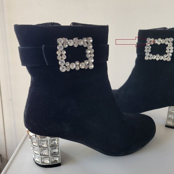 Joan Boyce Black Suede Ankle Boots 6M – Rhinestone Heel & Buckle Glam / Size:6M - Picture 11 of 11